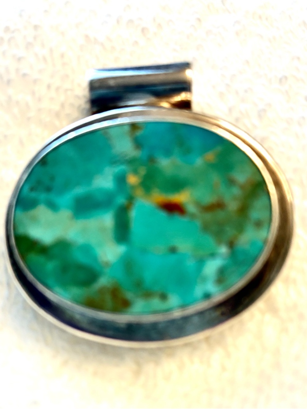 Antique Turquoise Oval Sterling Silver Pendant - Green-Blue Stone